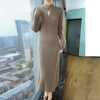Women' 100%Pure Mink Cashmere Dress Stand-Up Collar Buckle Slim Knit Long Skirt High Waist Over The Knee Bottoming Dress