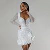 Women Dress Diamonds Splice Ruffles Mini Dresses Square Collar Full Sleeve Slim Fit Sold Evening Party Vestidos Elegant Ladies