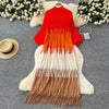 Tassel Patchwok Color Block Dress for Women Pleated Puff Sleeve Mid-calf Dresses Female Autumn