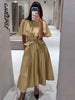 Lapel Cape Sleeve Lace Up Long Sleeve Women Elegant Epaulet Oversized Waist Cinching Pleated Shirt Dresses Chic Ladies Partywear
