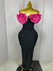 Stereoscopic Red Flowers Sexy Off The Shoulder Ankle Lenght Bandage Dress Woman Birthday Party Vestido Wedding Party Outfit
