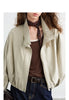 Women Slub Cotton Jackets Spring Cropped Tulip Silhouette Striped Cuff - Turn Up Stand Collar Tops