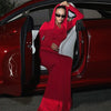 High Street Red Christma Hooded Long Sleeve Maxi Dress for Woman Slim Solid Bodycon Party Vestidos Elegant Autumn Dresses