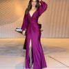 Elegant Long Sleeve Solid Dresses Women V Neck Pleated Waist Twist Detail High Split Maxi Dress Evening Prom Wedding Guest Dress