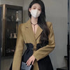 Original Design Blazer Women Loose Spliced Pocket Korean Shrug Notched Single Breasted Blazer Mujer Femal with Belt