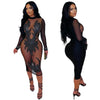 Women O-neck Long Sleeve Mesh Diamonds Sequined Long Midi Dress Spring Birthday Evening Party Sexy Dresses Vestidos