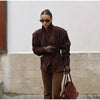 Solid Single Breasted Suede Short Jacket Women Full Sleeve Buckle Lapel Slim Shoulder Pad Coat Lady High Street Wear