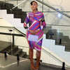 Women's Colorful Stripes Print O-Neck Long Sleeve Waistband Hips Wrapped Dress