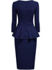 Women Vintage 2/3 Sleeve Crew Neck Zip Up Peplum Knee Length Cocktail Party Work Business Casual Sheath Bodycon Pencil Dress