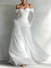 Women's Elegant Mesh Splicing Draped Long Dress Casual Long Sleeve Solid Maxi Dress Sexy Off Shoulder Waist Formal Party Dress