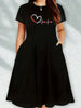 Women's Four Seasons Love at First Sight Heartbeat Printed Casual Loose Black Short Sleeved Large Short Skirt Dress
