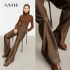 Minimalist PU Leather Casual Pants for Women Autumn Loose Floor Length Straight Slit Female Trousers 12343250