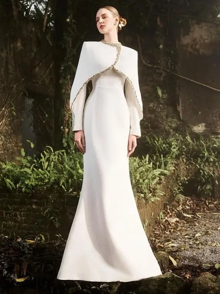 High Street Designer Vestido Women's Diamonds Beaded Cape Sleeve Floor Length Maxi Long Dress