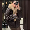 Ladies Winter Retro Fur Collar Leather Jacket V‑Neck Full Lapel Long Sleeve Double Breasted Urban Warm Casual Outer