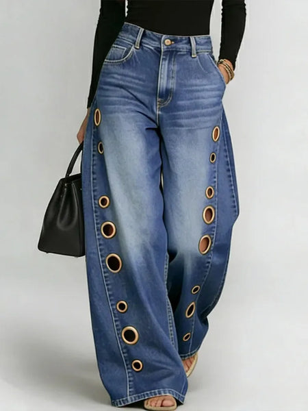 Missuoo Women's Washed Blue High-Waist Metal Grommet Wide Leg Jeans Casual Loose Fit Streetwear Pants Casual Trousers