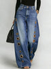 Missuoo Women's Washed Blue High-Waist Metal Grommet Wide Leg Jeans Casual Loose Fit Streetwear Pants Casual Trousers