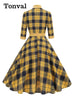 Mock Neck Bowknot Plaid 50s Vintage Dresses for Women 3/4 Length Sleeve Autumn Winter Elegant Pockets Midi Dresses