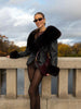 Black Faux Fur Collar Leather Jacket Elegant Lapel V-neck Waist Cinching Long-sleeved Short Coats Lady Winter Commute Coat