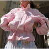 Shiny Stand Collar Short Jacket Women Puff Sleeve Drawstring Waist Cinching Pleated Jackets Autumn Causal Lady Outerwear