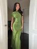 Women Elegant Green Satin Maxi Dress Lace Slit Asymmetric High Neck Draped One-sleeve Slim Fit Lgown Formal Evening Party Outfit