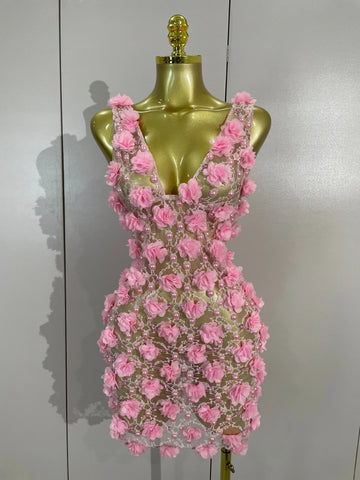 Women Evening Party Club Birthday Dress Pink Pearl Flower Mesh Sexy See Through Mini Dress Nightclub Photoshoot Stage Costumes