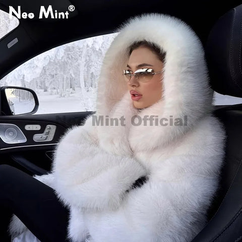Winter Pure White Mountain Hooded Cropped Faux Fur Coat Women Fluffy Eco Fox Fur Jacket Girls Overcoat