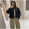 Women Solid Cropped Zip‑Up Knit Jacket Stand Collar Zipper Long Sleeve Loose Short Sweater Autumn Casual Commute Outerwear
