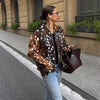 Women Chic Cropped Leopard Faux Fur Coat Contrast Black Fur Collar Cuff Button Short Furry Coats Lady Winter Chic Streetwear