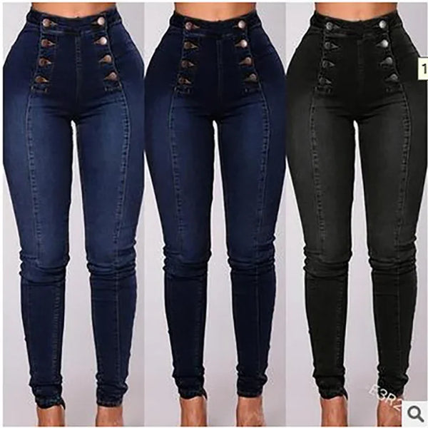 Denim Pencil Pants Women Vintage Jeans High Waist Washed Double Breasted Pockets Basics Ankle Length Trousers Streetwear