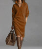 Autumn Knitted Button Lapel Women Dress Casual Loose Pocket Lazy Straight Over The Knee Long Sleeve Sweater FemaleDress