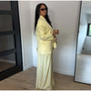 Chic Solid Stand Neck Blazer Jacket Pant Set Women Full Sleeve Shoulder Pads Coat Wide Leg Pants Autumn Commute Outfit