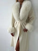 Retro Solid Fur Patchwork Woolen Coats Women Chic Full Sleeve V-neck Lace Up Loose Overcoat Lady Winter Commute Outwear