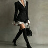 Women Black Double Breasted Blazer Dress Lace Ruffle Collar Cuffs Hem Peplum Slim Coat For Cocktail Party Elegant Evening Wear