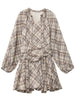Women Dresses V Neck Loose Casual A Line Lace Up Long Sleeved Plaid Dress Puff Sleeve Spring Autumn