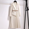 Women's Korean Blazer Patchwork Design Long Sleeve Dresses Office Lady Elegant High Waist Black Slim Pleated Midi Dress