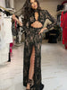 Hollow Out Lace Split Long Sleeve Women Dresses Evening Party Outfits O Neck Sheath Sexy Club Elegant Bodycon