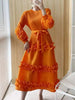 Elegant Women Pleated Dress O Neck 3D Floral Long Sleeves Fungus Spliced Design A-line Dresses Party 2AA1375