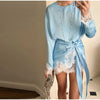 Women's Satin Short Dress Patchwork Lace Trim Crew Neck Long Sleeve Loose Dresses Spring Lady Casual Daily Chic Streetwear
