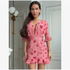 Sexy Floral Printed Mini Dress Women V-neck Flared Sleeve Waist Cinching Ruffle Bodycon Vestido Lady Party Vacation Gowns