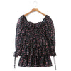 Women Sexy Cross Bandage Black Flower Print Puff Long Sleeve Dress 3 Layer Wood Ears Ruffles Hem Cake Mini Holiday Robe