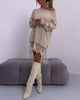Loose Lace Patchwork Dress For Women Autumn Winter Solid Sexy Split Slant Collar Off Shoulder Irregular Mini Dresses