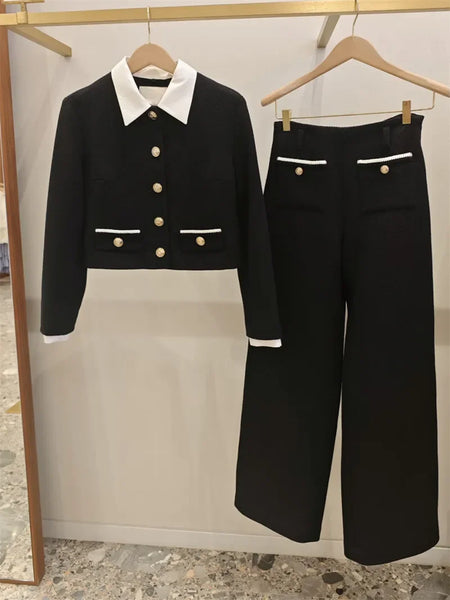 Women's A-Line Short Dress, Wide Leg Pants or Contrasting Collar Long Sleeve Coat Top Black Tweed Gold Buckle Set+Short Robe