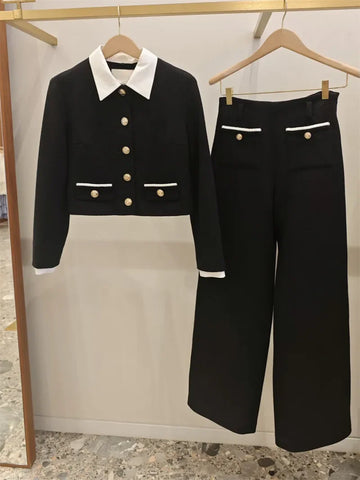 Women's A-Line Short Dress, Wide Leg Pants or Contrasting Collar Long Sleeve Coat Top Black Tweed Gold Buckle Set+Short Robe