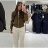 Vintage Cropped Women's Bomber Jacket Coat Faux Suede Stand Collar Short Outerwear High Street Female Casual Work Outfit