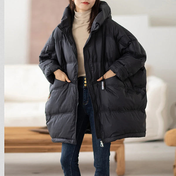 Lagabogy Winter Women White Duck Down Jacket Casual Loose Over Size Warm Parka Female Drawstring Hooded Puffer Coat