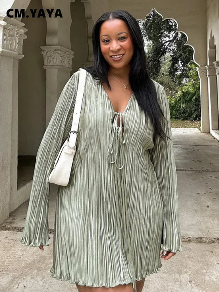 Long Sleeve Women V-neck Pleated Dress Casual Streetwear Plus Size Mini Dresses Autumn Slim Party Casual