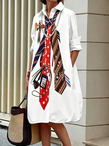 Women's Tie Printed Lapel Shirt Dress Long Sleeves Loose Buttoned Pockets Casual Office Midi Dresses