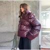 Shiny Hooded Cotton Jacket For Women Solid Long Sleeve Zipper Pockets Coats Lady Winter Street Warm Chic Outerwear