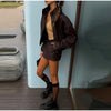 Vintage Solid Suede Skirt Two Piece Set Women Stand Collar Full Sleeve Zipper Jacket Mini Skirts Autumn Lady Streetwear
