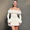 Fur Patchwork Knitted Dress Women's Grace One Shoulder Solid Slim High Waist Dress Autumn Winter Christmas Party Clothes